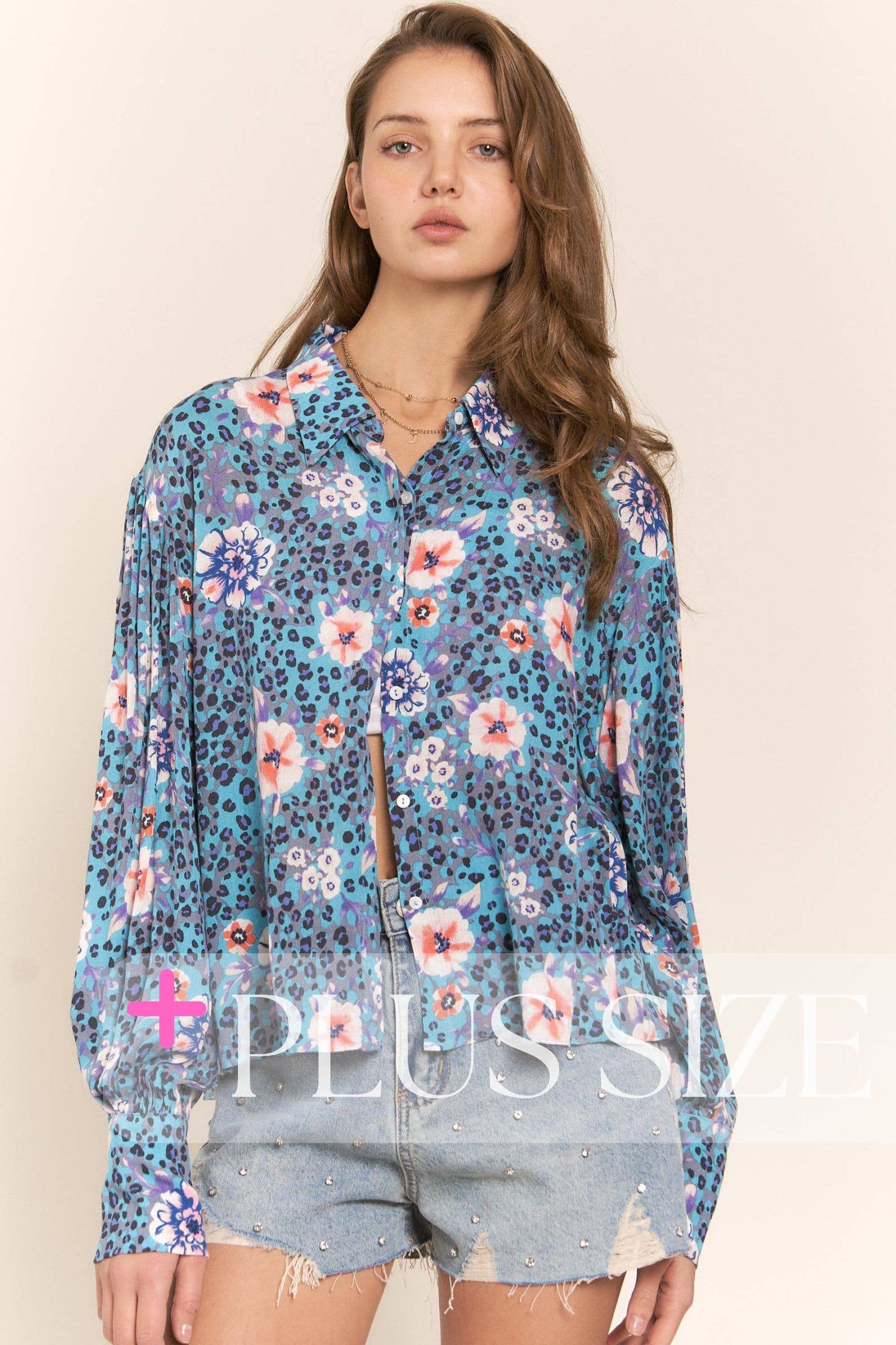 Leopard and Flower Print Button Up Top