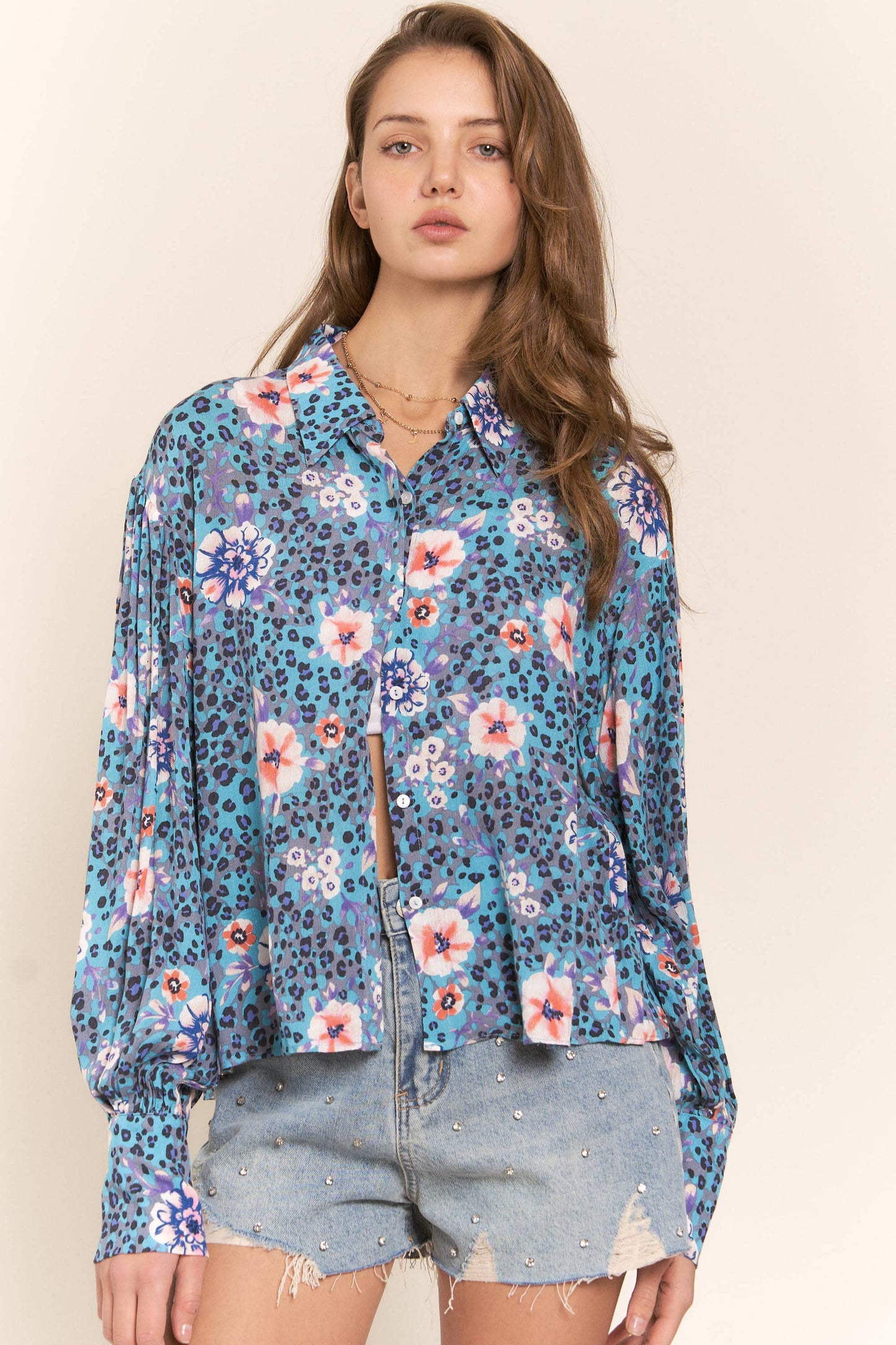 Leopard and Flower Print Button Up Top