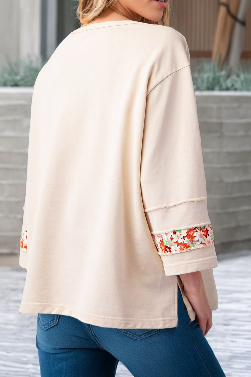 Flower Patch Graphic Exposed Seam Wide Sleeve Loose Top