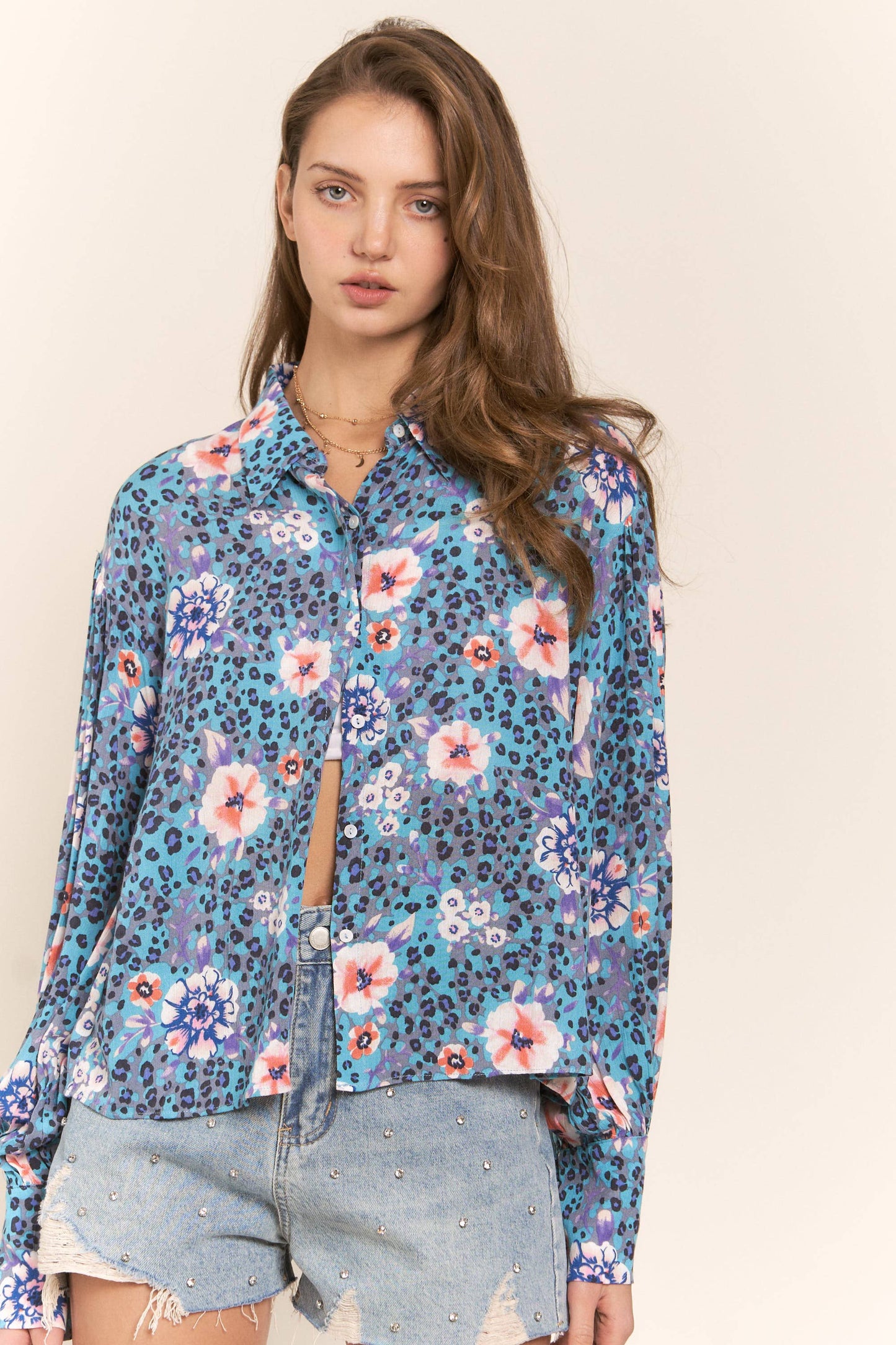 Leopard and Flower Print Button Up Top