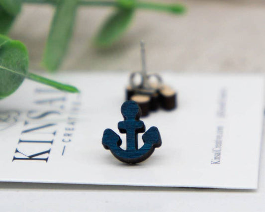 Anchor Wood Stud Earrings