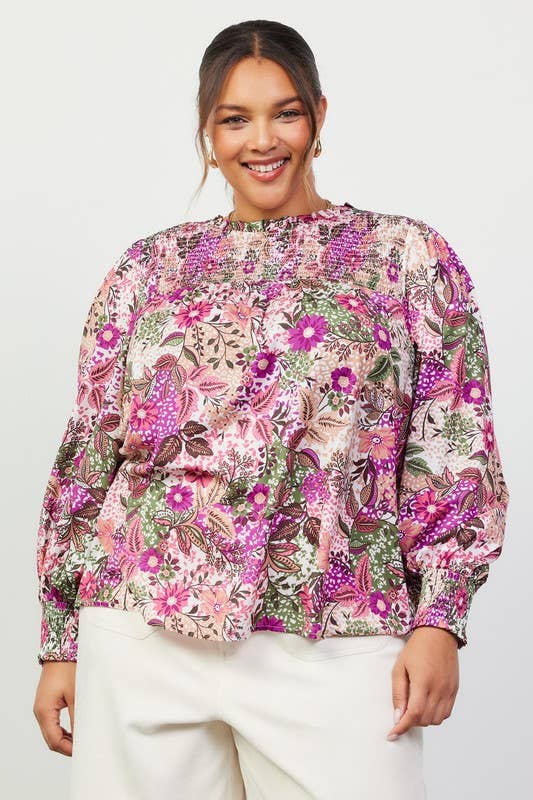 Plus Size Printed Smock Neckline Blouse