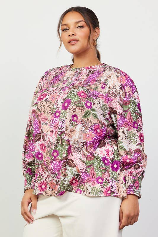 Plus Size Printed Smock Neckline Blouse