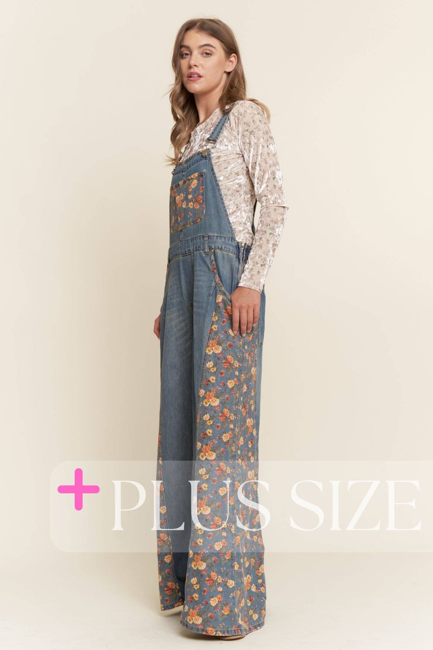 Denim Floral Contrast Wide Leg Overalls