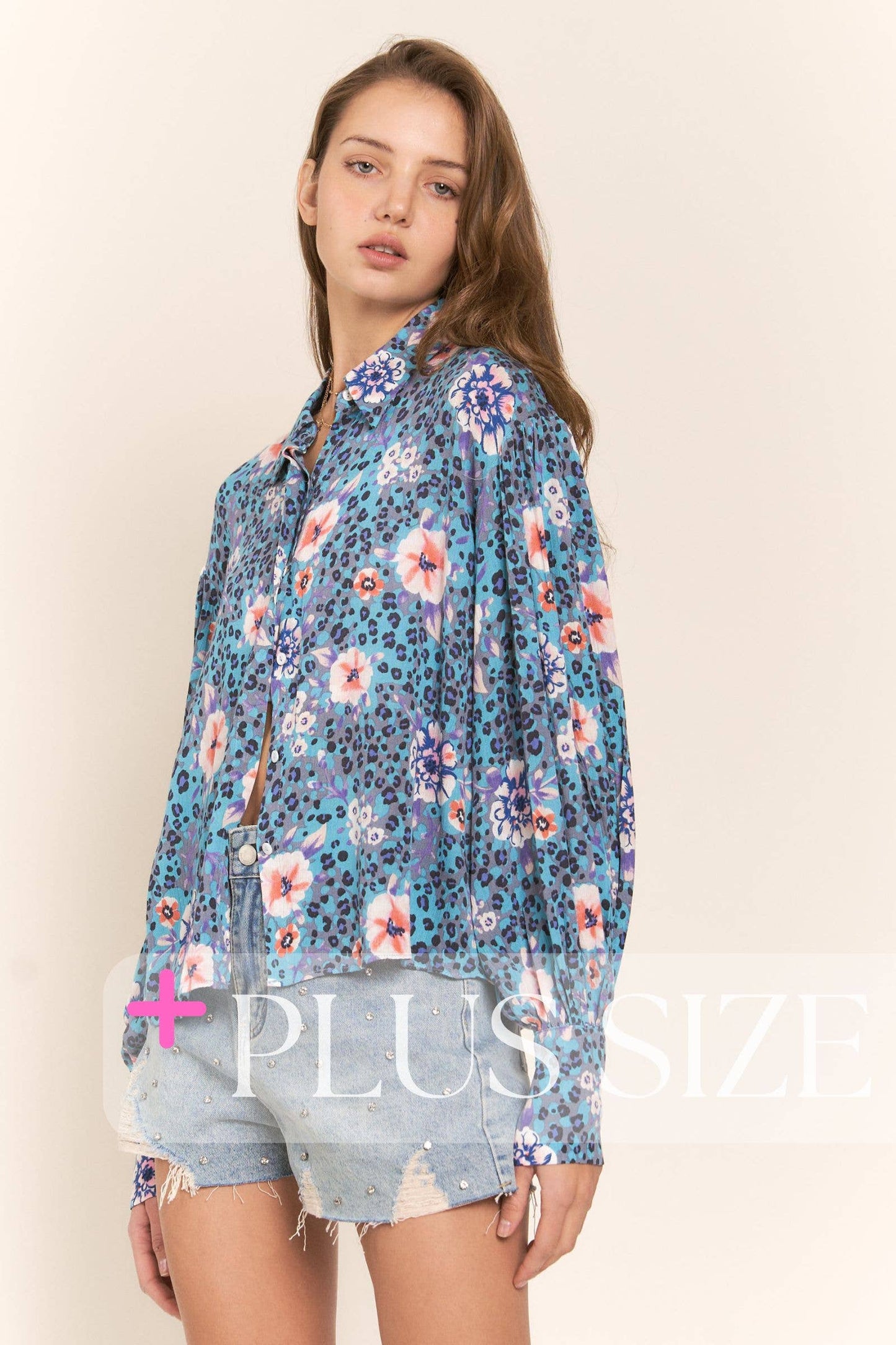 Leopard and Flower Print Button Up Top