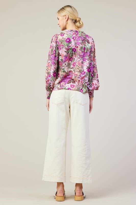 Long Sleeve Printed Smock Neckline Blouse