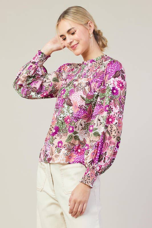 Long Sleeve Printed Smock Neckline Blouse