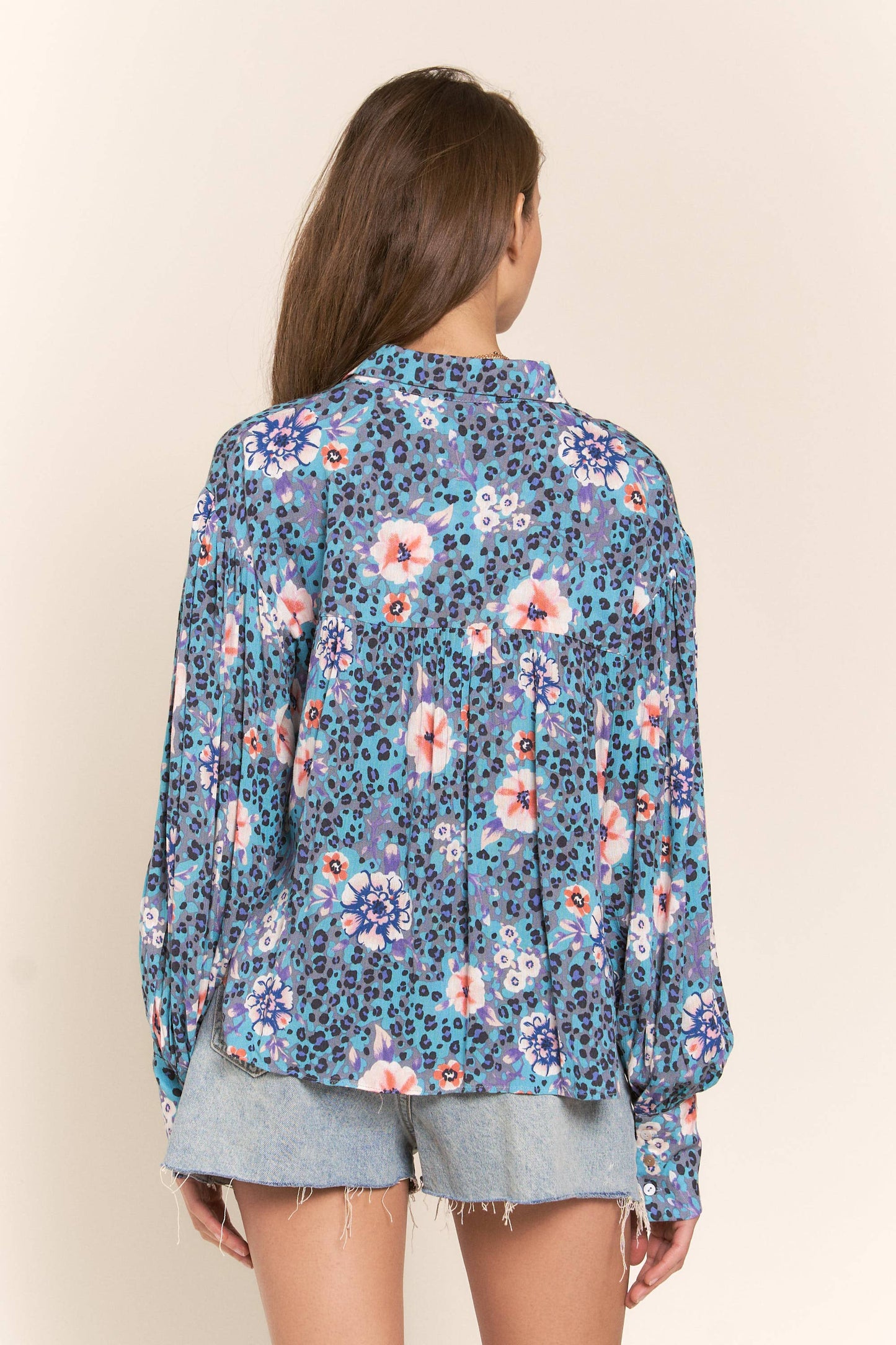 Leopard and Flower Print Button Up Top
