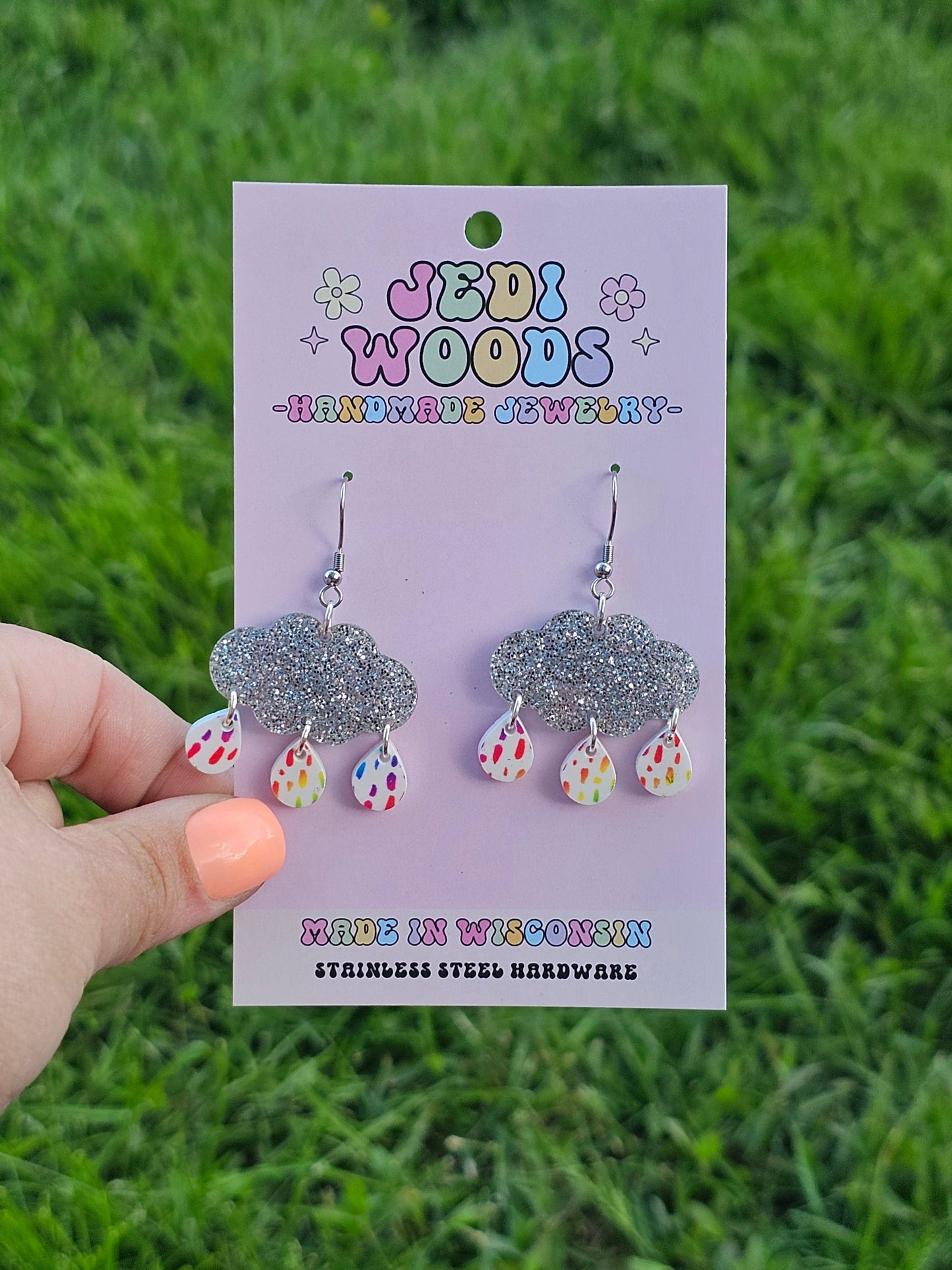 Jedi Woods LLC - Silver Sparkle Rainclouds with Rainbow Raindrop Earrings