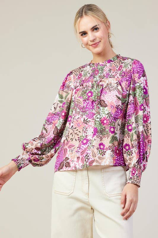 Long Sleeve Printed Smock Neckline Blouse