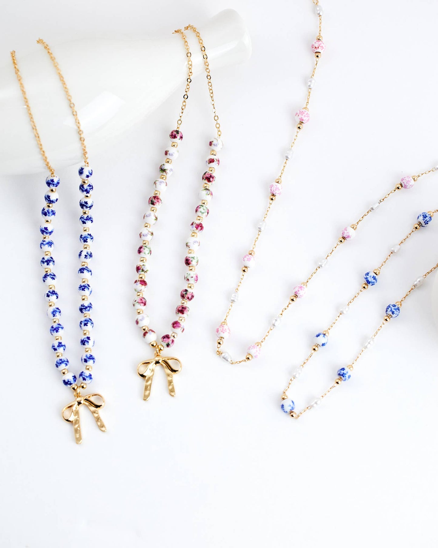 Ceramic Pink Bead Bow Pendant Necklace