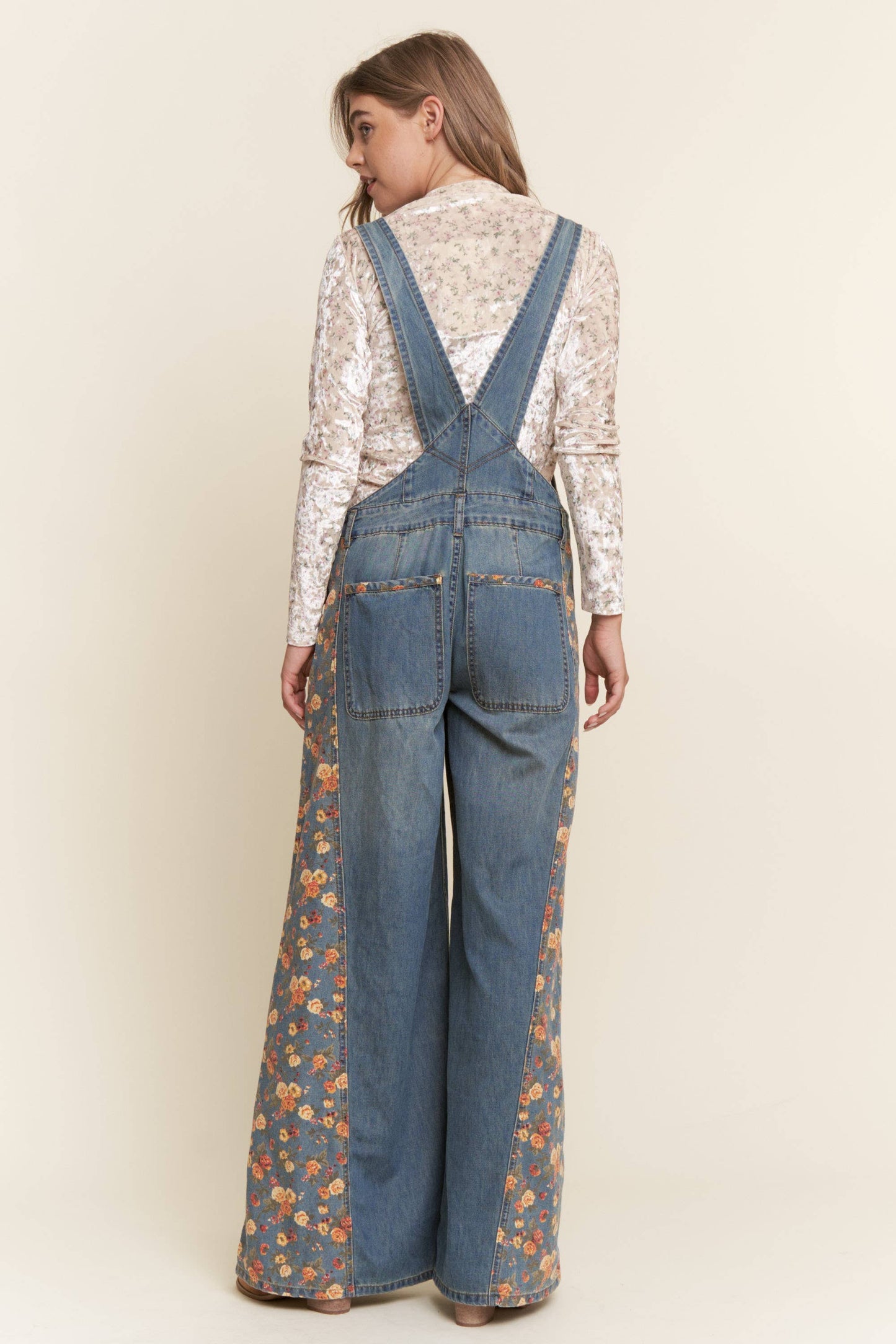 Denim Floral Contrast Wide Leg Overalls