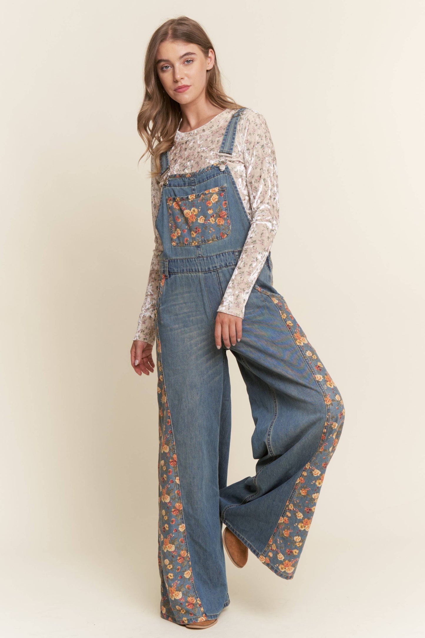 Denim Floral Contrast Wide Leg Overalls