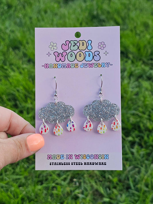 Jedi Woods LLC - Silver Sparkle Rainclouds with Rainbow Raindrop Earrings