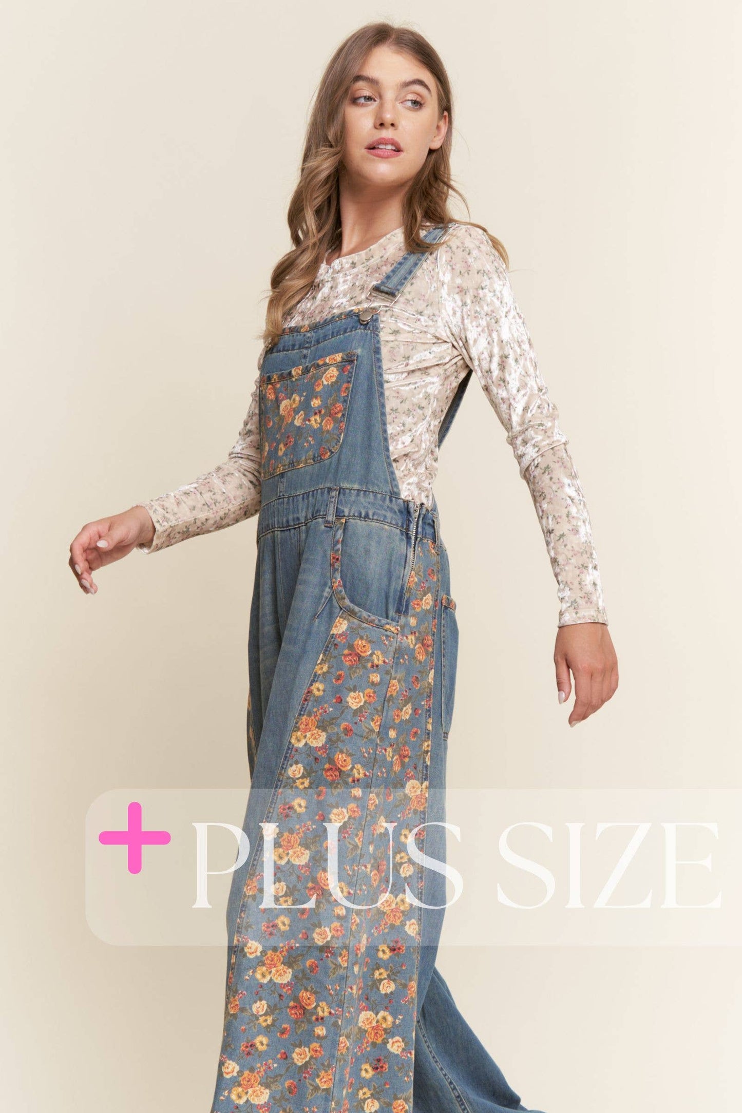 Denim Floral Contrast Wide Leg Overalls