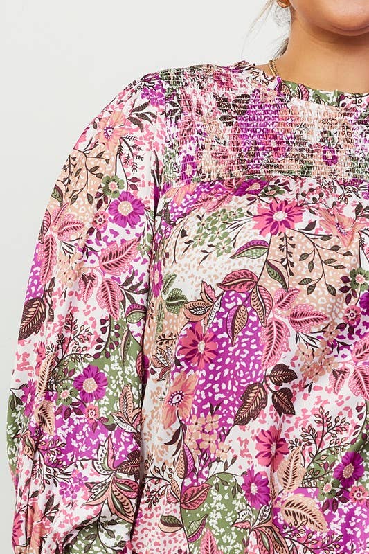 Plus Size Printed Smock Neckline Blouse