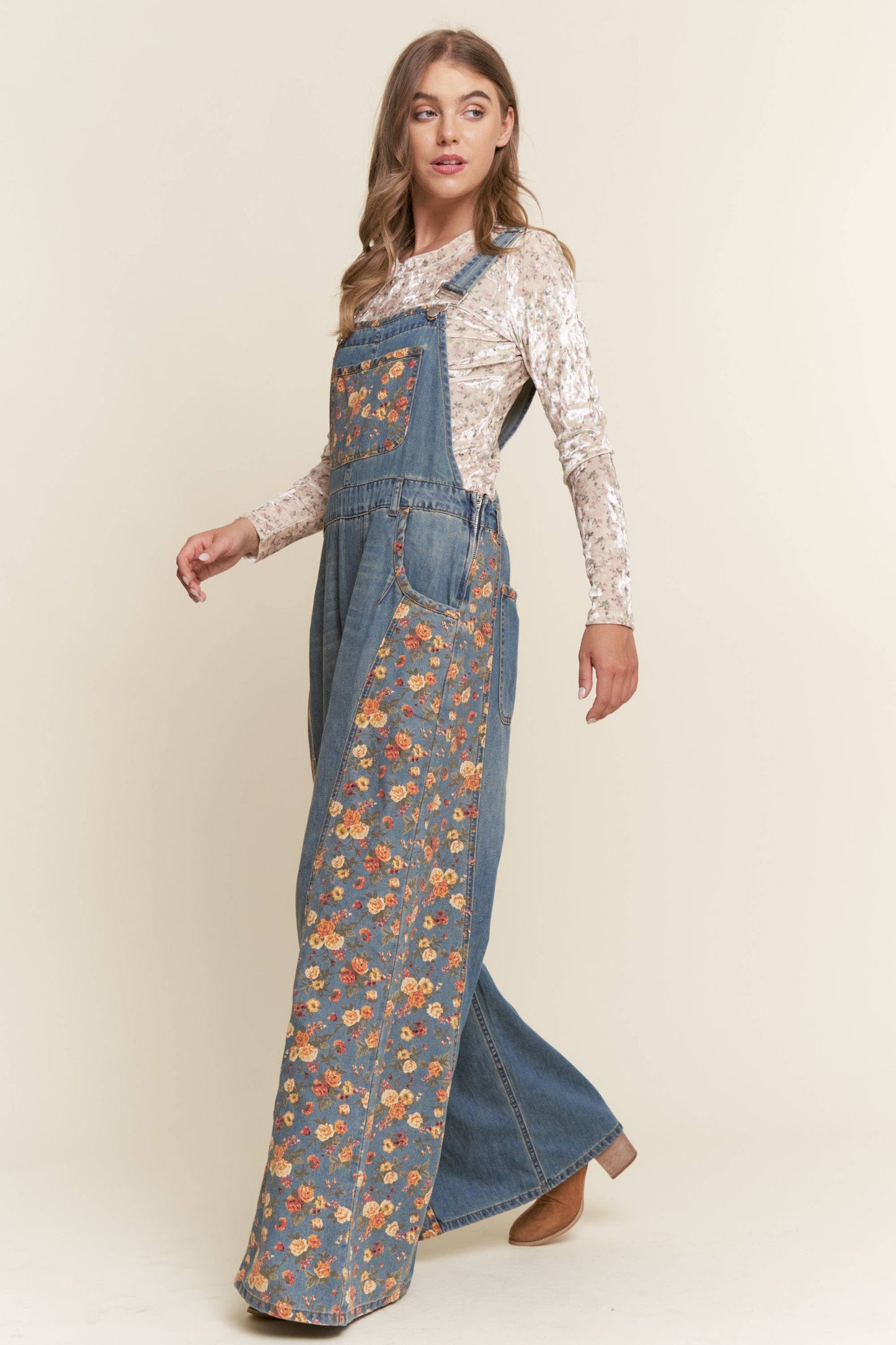 Denim Floral Contrast Wide Leg Overalls