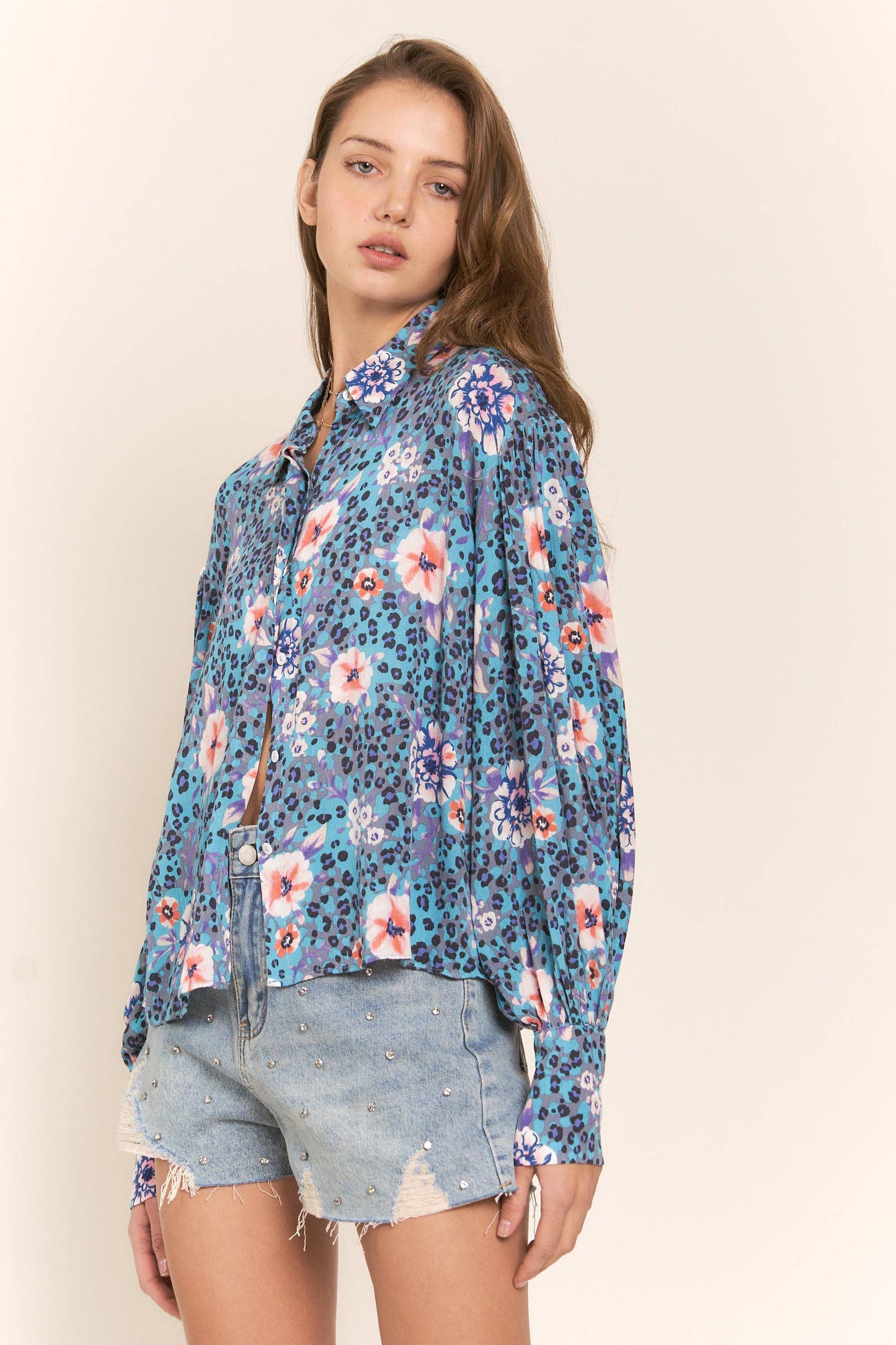 Leopard and Flower Print Button Up Top