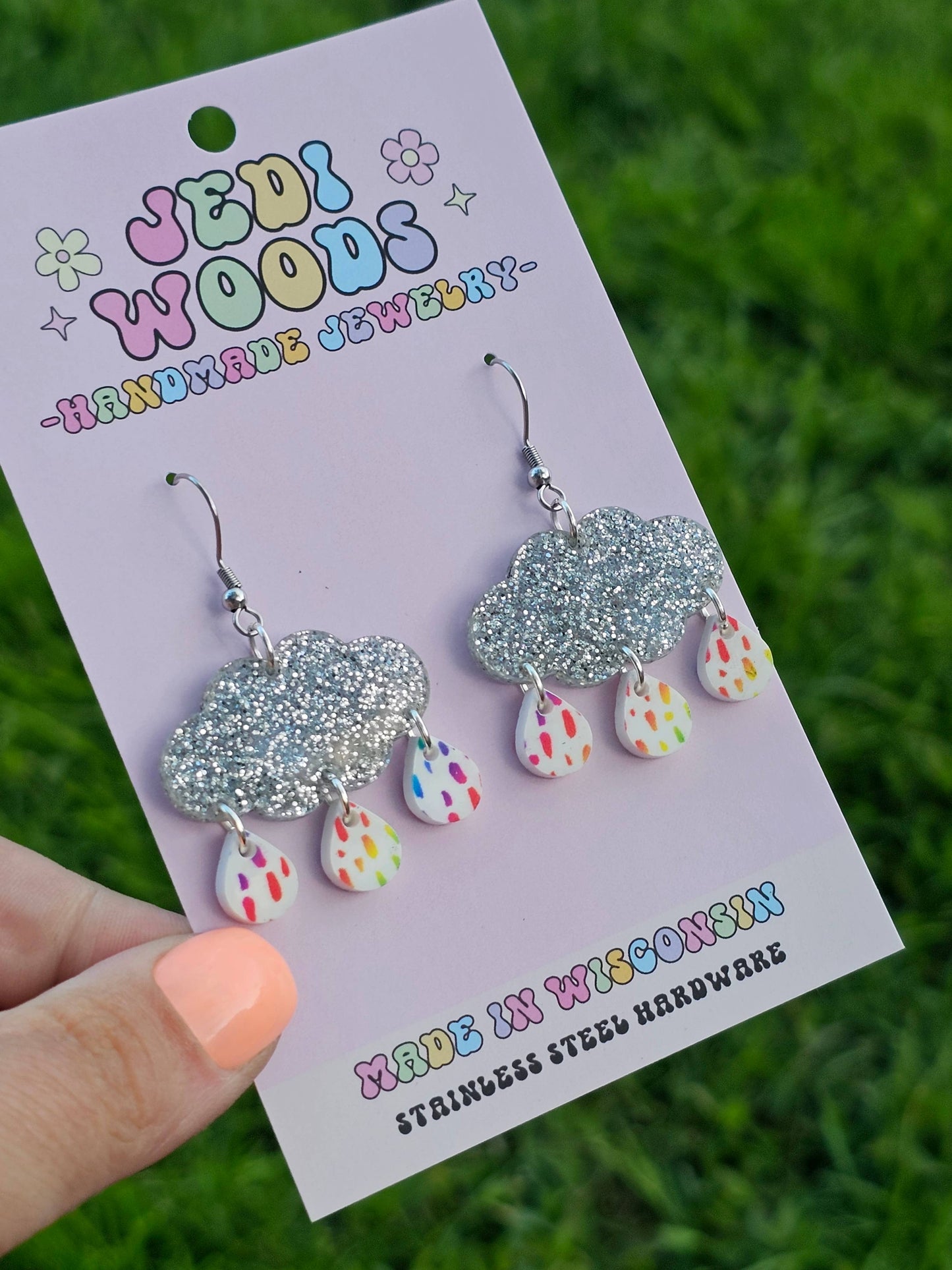 Jedi Woods LLC - Silver Sparkle Rainclouds with Rainbow Raindrop Earrings