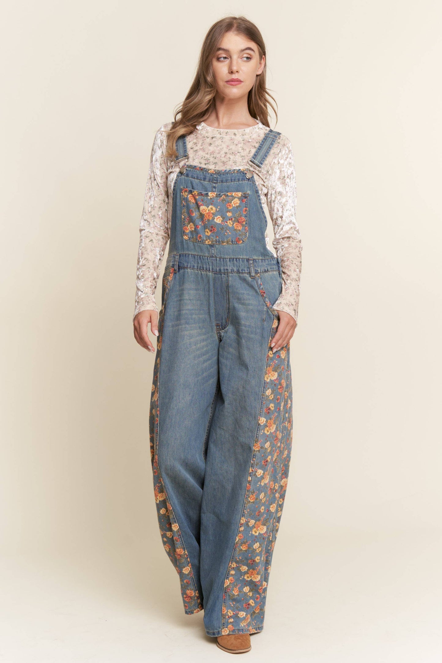Denim Floral Contrast Wide Leg Overalls
