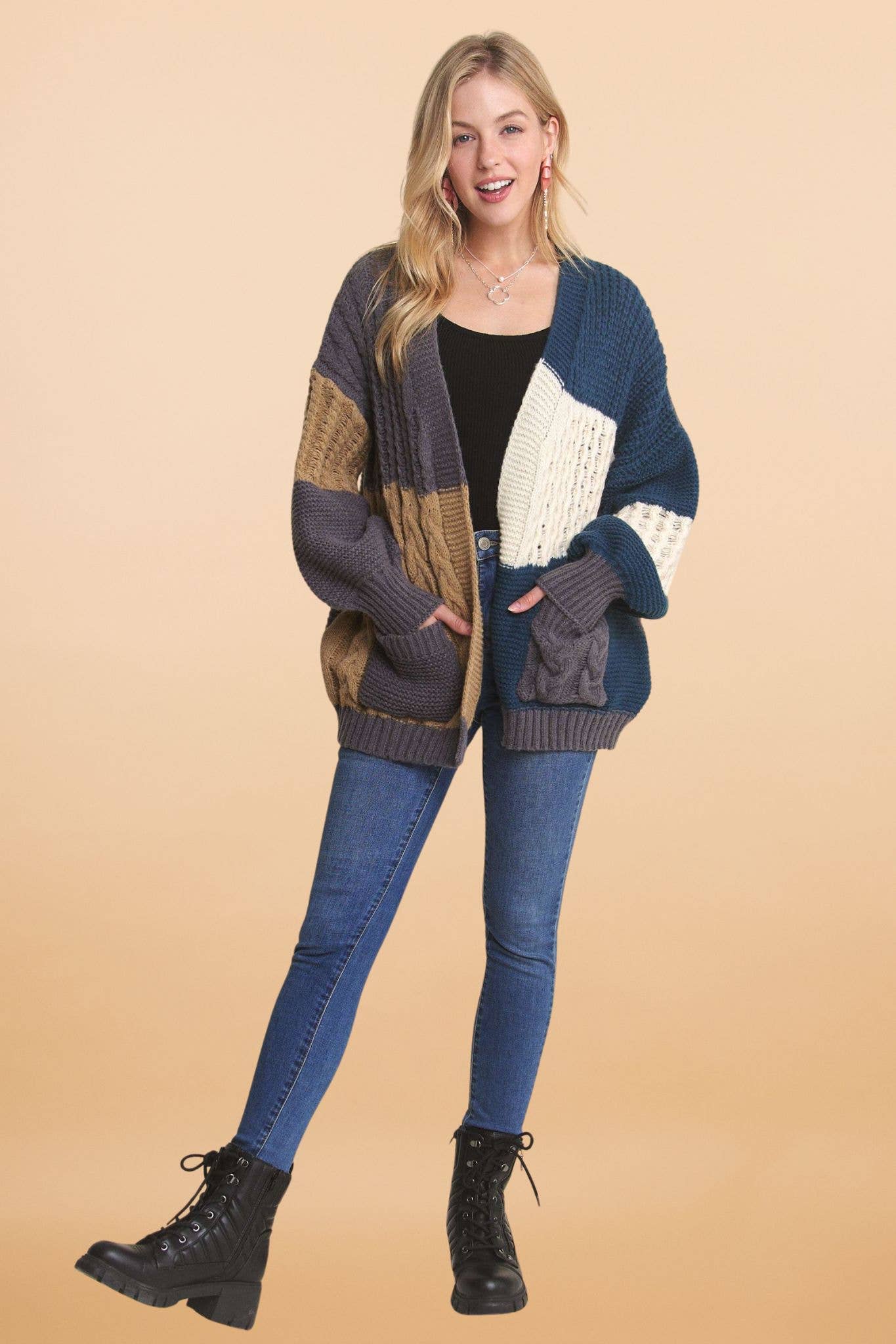 LONG PUFF SLEEVES COLORBLOCK CARDIGAN