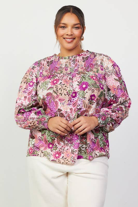 Plus Size Printed Smock Neckline Blouse