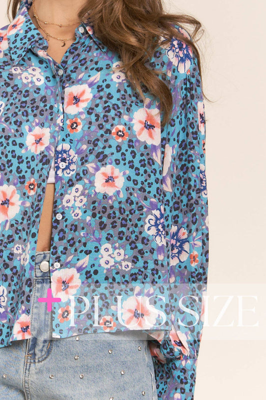 Leopard and Flower Print Button Up Top