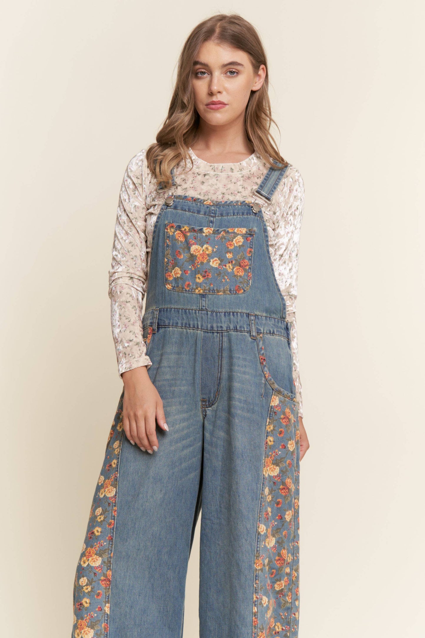 Denim Floral Contrast Wide Leg Overalls