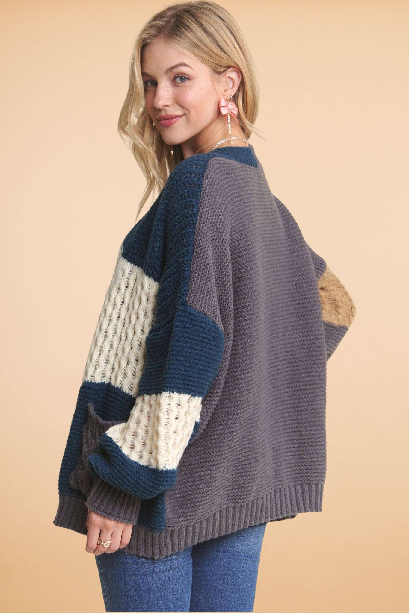 LONG PUFF SLEEVES COLORBLOCK CARDIGAN