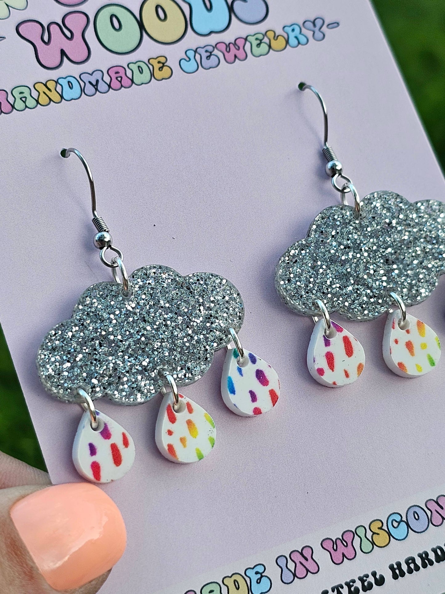 Jedi Woods LLC - Silver Sparkle Rainclouds with Rainbow Raindrop Earrings