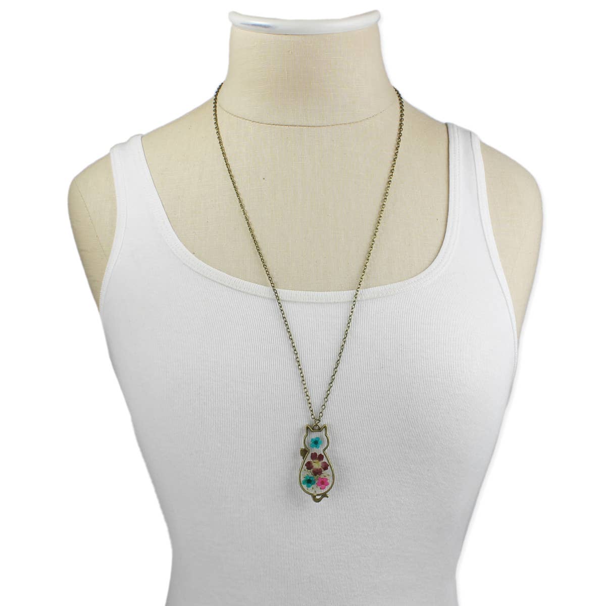 Vintage Floral Feline Dried Flower Cat Necklace