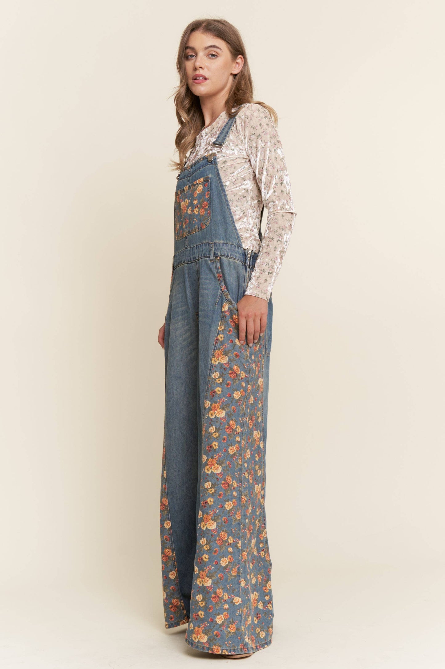 Denim Floral Contrast Wide Leg Overalls
