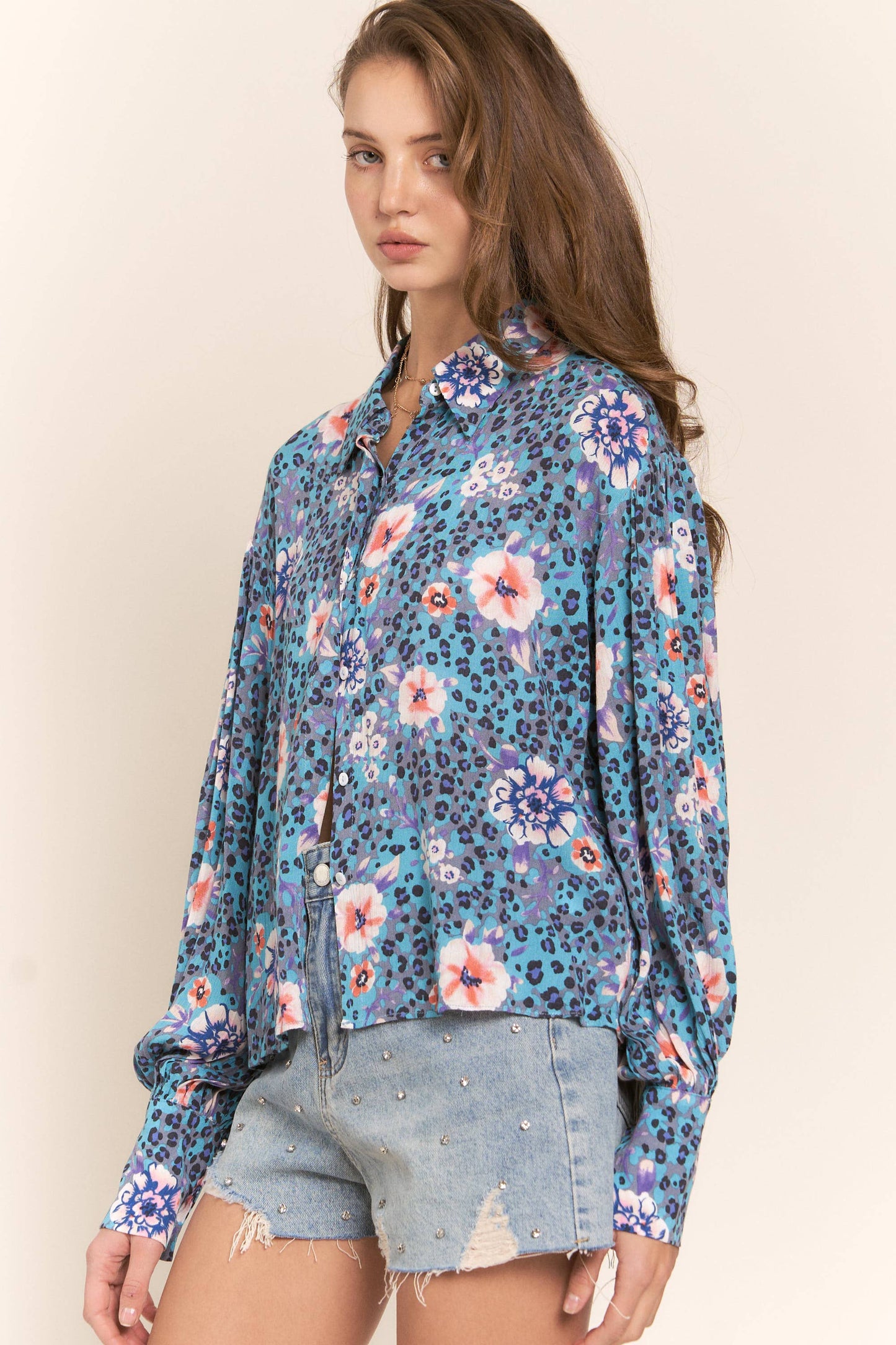 Leopard and Flower Print Button Up Top