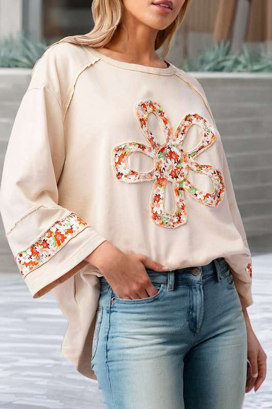 Flower Patch Graphic Exposed Seam Wide Sleeve Loose Top