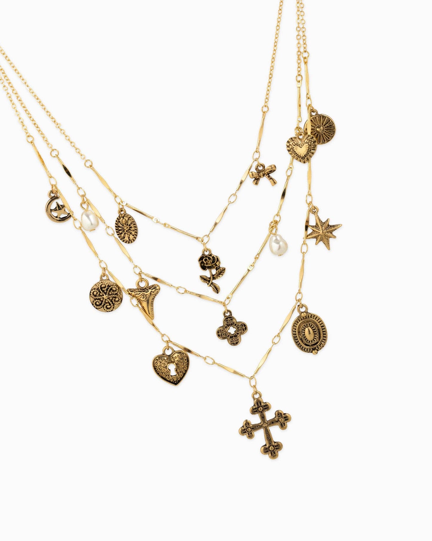 3 Layered Vintage Antique Cross Rose Nelaces