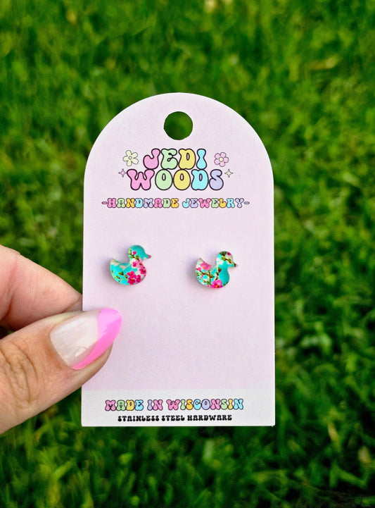 Cherry Blossom Duck Shaped Stud Earrings