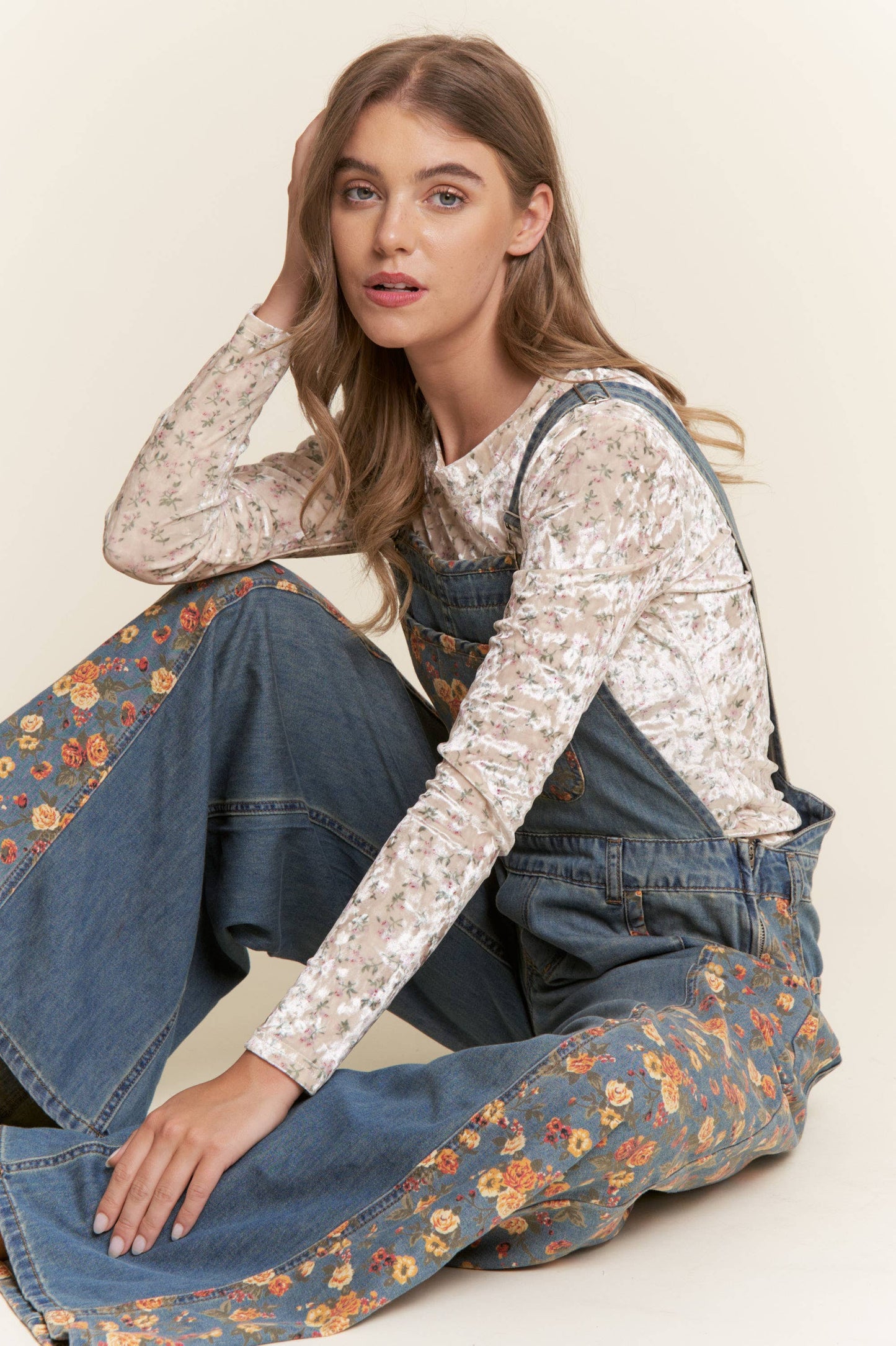 Denim Floral Contrast Wide Leg Overalls