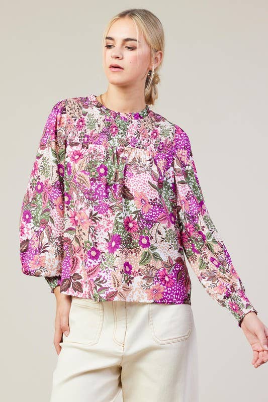 Long Sleeve Printed Smock Neckline Blouse