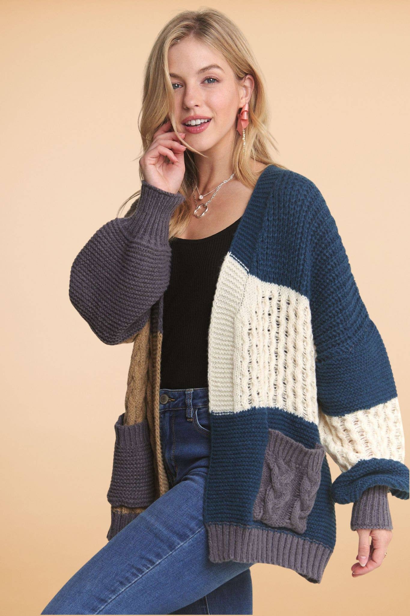 LONG PUFF SLEEVES COLORBLOCK CARDIGAN