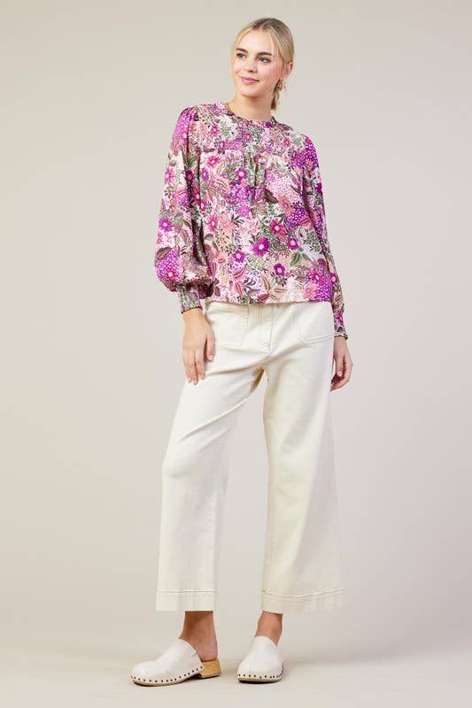 Long Sleeve Printed Smock Neckline Blouse