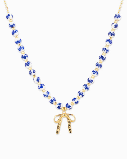 Ceramic Blue Bead Bow Pendant Necklace