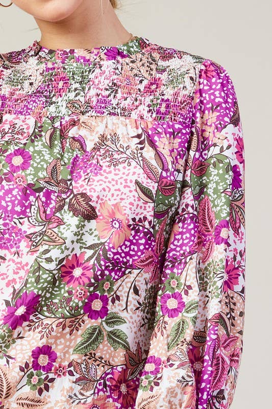 Long Sleeve Printed Smock Neckline Blouse