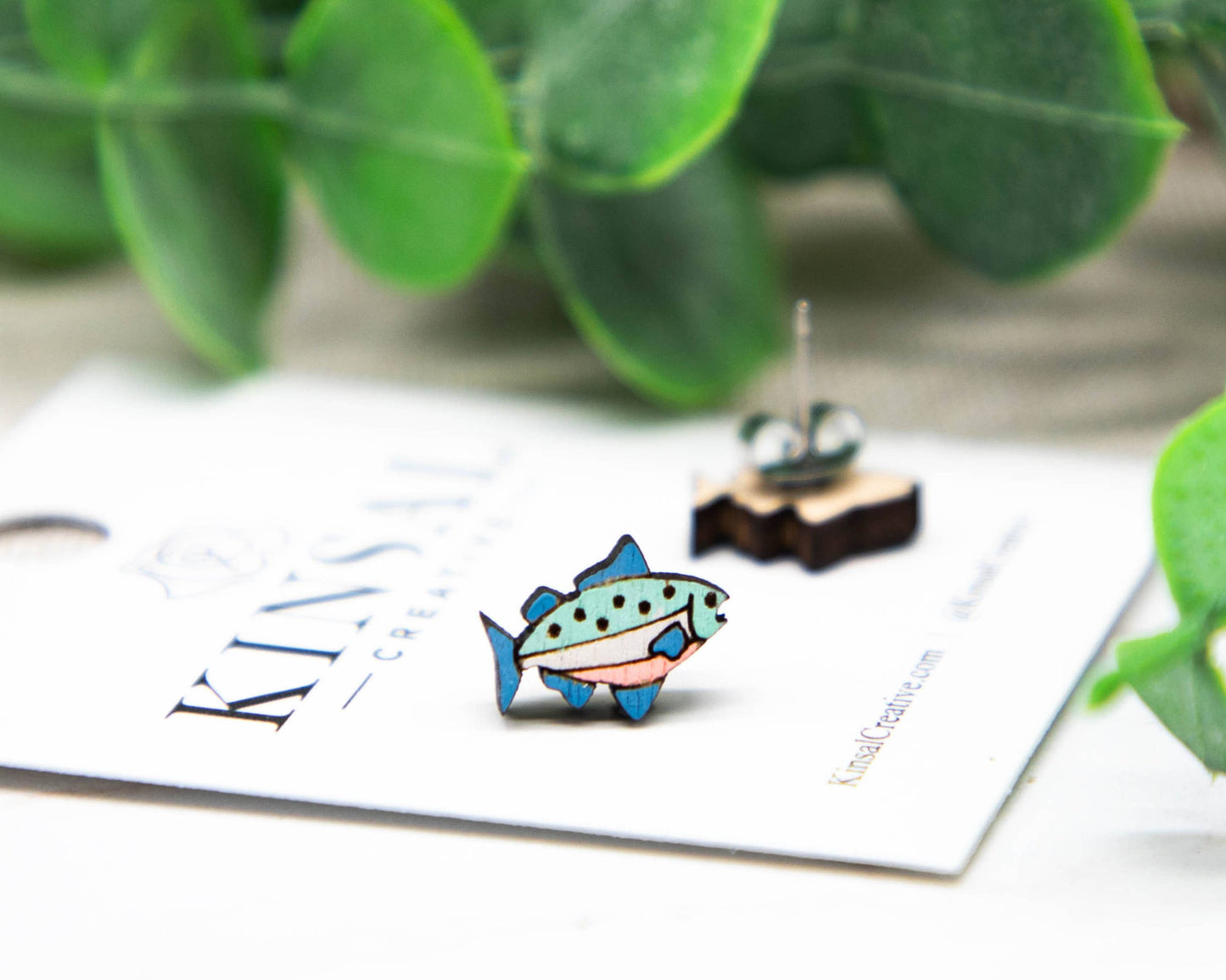 Salmon Fish Wood Stud Earrings