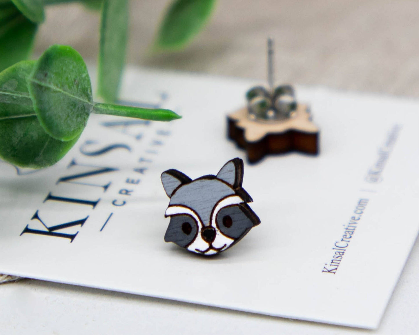 Raccoon Wood Stud Earrings