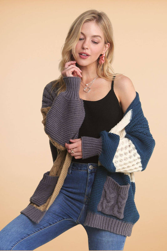LONG PUFF SLEEVES COLORBLOCK CARDIGAN