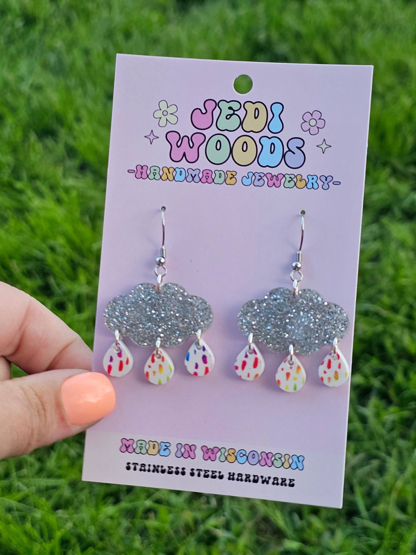Jedi Woods LLC - Silver Sparkle Rainclouds with Rainbow Raindrop Earrings